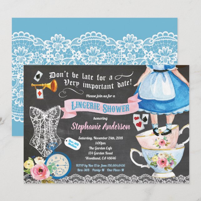 Wonderland lingerie shower bridal shower chalk invitation (Front/Back)