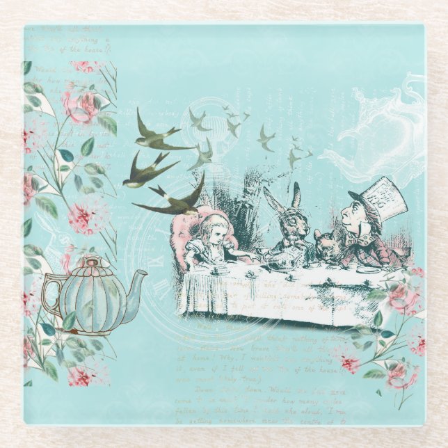 Wonderland Mad Tea Party Aqua Pink Glass Coaster  (Front)