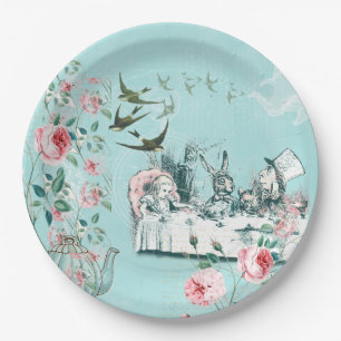 Wonderland Mad Tea Party Aqua Pink Paper Plate