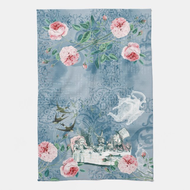 Wonderland Mad Tea Party Blue Pink Tea Towel (Vertical)
