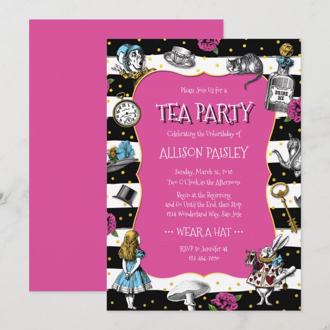 Wonderland Tea Party Hot Pink Invitation (Front/Back)