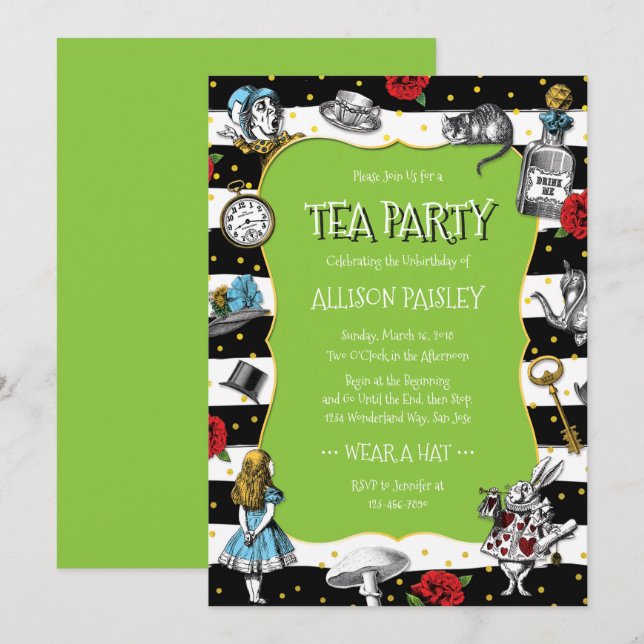 Wonderland Tea Party Lime Green Invitation (Front/Back)