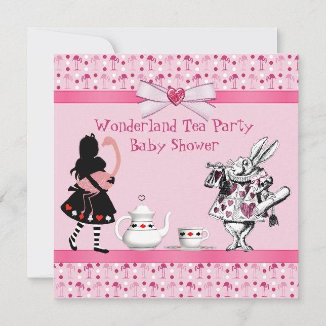 Wonderland Tea Party Pink Flamingos Baby Shower Invitation (Front)