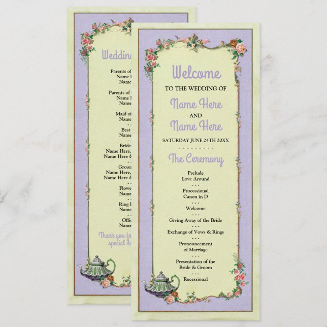 Wonderland Teapot Floral Wedding Program Details Invitation (Front/Back)