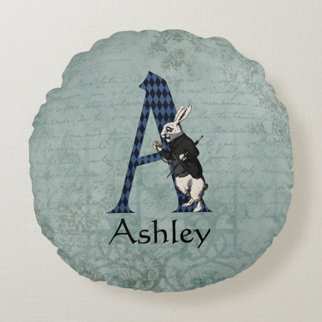 Wonderland White Rabbit Letter A  Round Cushion (Front)