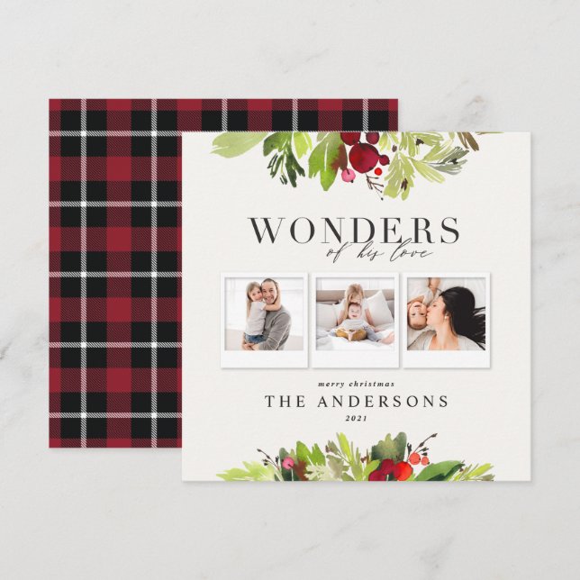Wonders of his love 3 photo plaid and botanical holiday card (Front/Back)