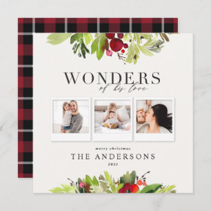 Wonders of his love 3 photo plaid and botanical holiday card