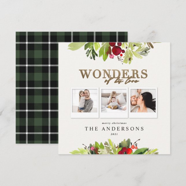 Wonders of his love 3 photo plaid gold foliage holiday card (Front/Back)
