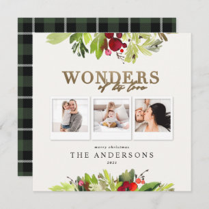 Wonders of his love 3 photo plaid gold foliage holiday card