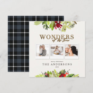 Wonders of his love 3 photo plaid gold foliage holiday card