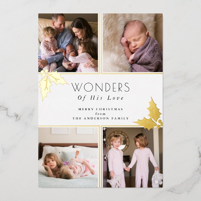 Wonders of his Love 4 Photos Christmas Gold Foil H Foil Holiday Card (Front)
