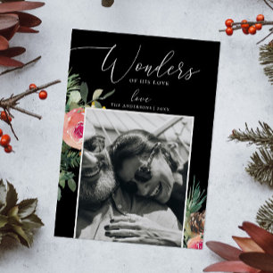 Wonders of his love Elegant black Christmas floral Holiday Card