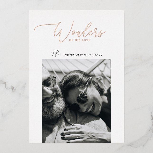 Wonders of His Love | Elegant Gold Christmas Photo Foil Holiday Card (Front)