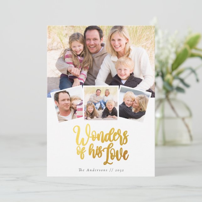 Wonders of His Love Gold Foil Photo Collage Holiday Card (Standing Front)