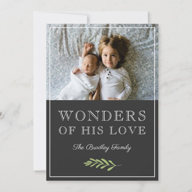 Wonders of His Love | Laurel Leaf Branch Photo Holiday Card (Front)