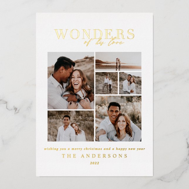 Wonders of his love multi photo green red berries foil holiday card (Front)