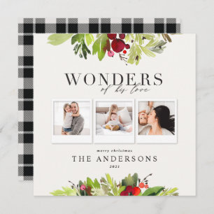 Wonders of his love multi photo plaid and foliage holiday card