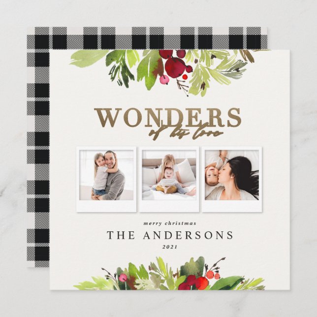 Wonders of his love multi photo plaid gold foliage holiday card (Front/Back)