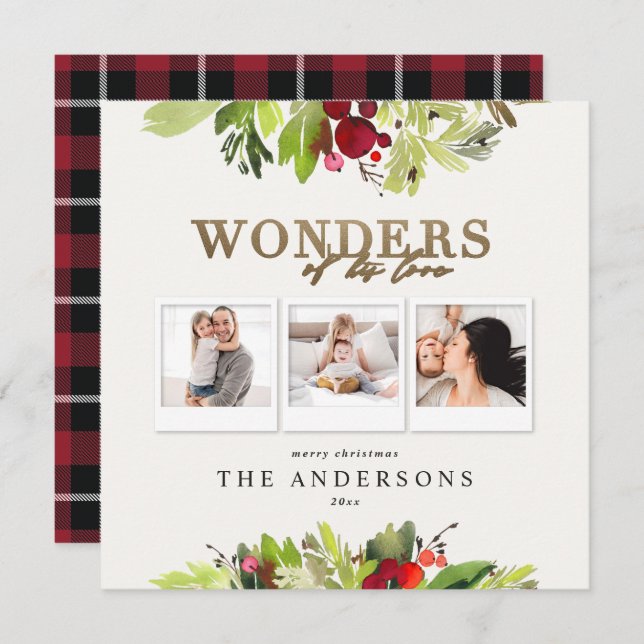 Wonders of his love multi photo plaid gold foliage holiday card (Front/Back)