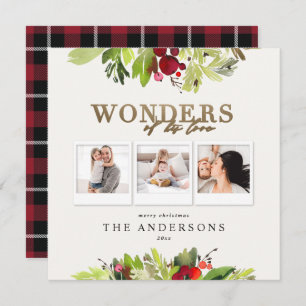 Wonders of his love multi photo plaid gold foliage holiday card