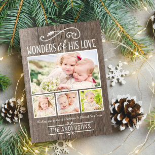 Wonders of His Love Rustic Christmas Photo Collage Holiday Card
