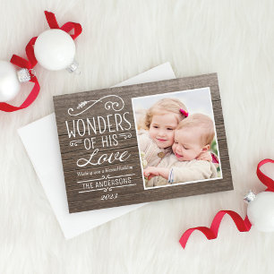 Wonders of His Love Rustic Wood Christmas Photo Holiday Card