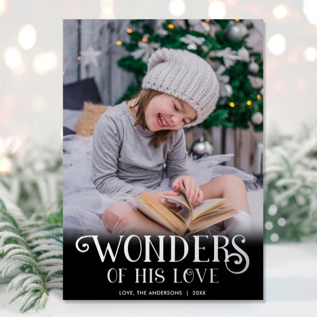 Wonders of His Love Silver foil black one photo Holiday Card (Creator Uploaded)