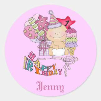 Wonky Happy Birthday Girl 1 Year Old Classic Round Sticker