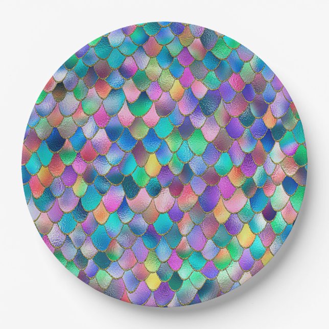 Wonky Rainbow Glitter Metal Mermaid Scales Paper Plate (Front)