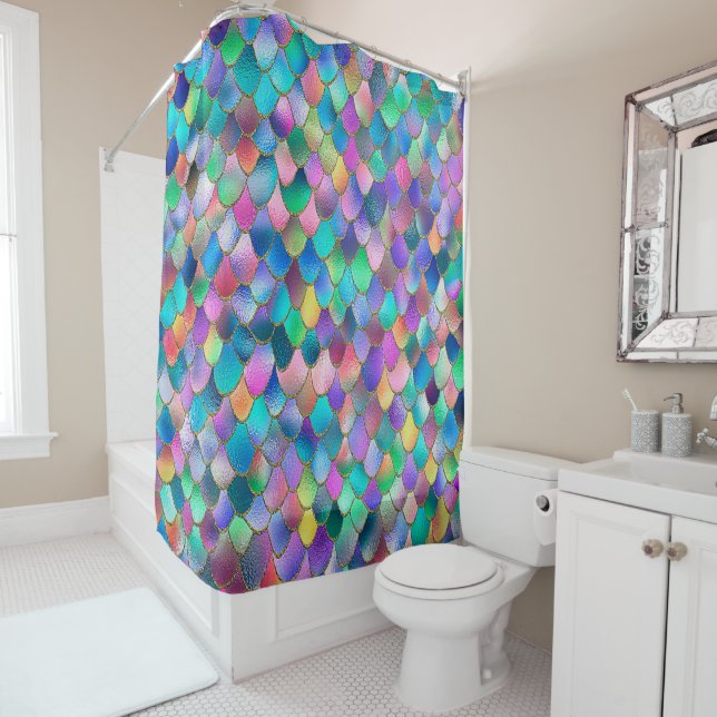 Wonky Rainbow Glitter Metal Mermaid Scales Shower Curtain (In Situ)