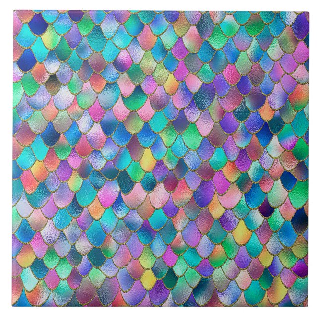 Wonky Rainbow Glitter Metal Mermaid Scales Tile (Front)