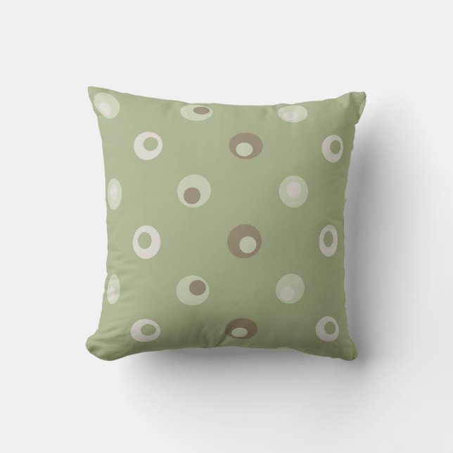 Wonky Retro Polka Dots, Sage, Avocado, Tan Cushion (Front)