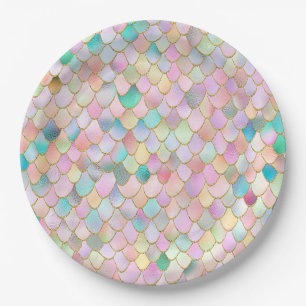 Wonky Trendy Rainbow Girl Metal Mermaid Scales Paper Plate