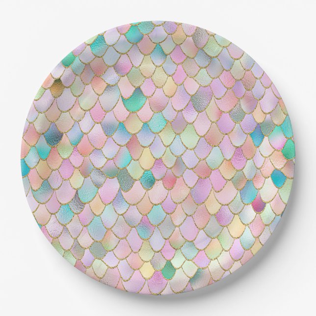 Wonky Trendy Rainbow Girl Metal Mermaid Scales Paper Plate (Front)