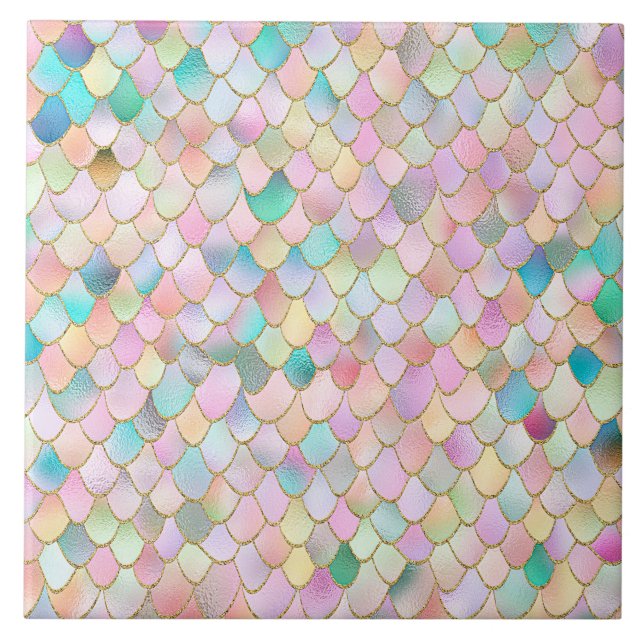 Wonky Trendy Rainbow Girl Metal Mermaid Scales Tile (Front)