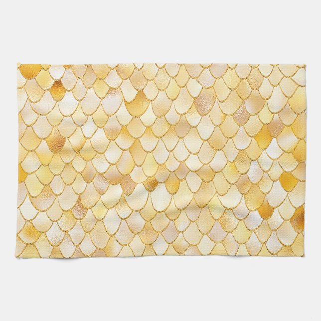 Wonky Watercolor Gold Glitter Metal Mermaid Scales Tea Towel (Horizontal)