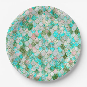Wonky Watercolor Mint Green Glitter Mermaid Scales Paper Plate