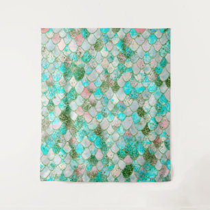 Wonky Watercolor Mint Green Glitter Mermaid Scales Tapestry