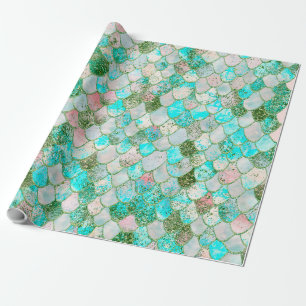 Wonky Watercolor Mint Green Glitter Mermaid Scales Wrapping Paper