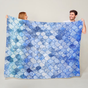 Wonky Watercolor Ocean Blue Glitter Mermaid Scales Fleece Blanket