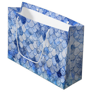 Wonky Watercolor Ocean Blue Glitter Mermaid Scales Large Gift Bag