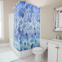 Wonky Watercolor Ocean Blue Glitter Mermaid Scales Shower Curtain