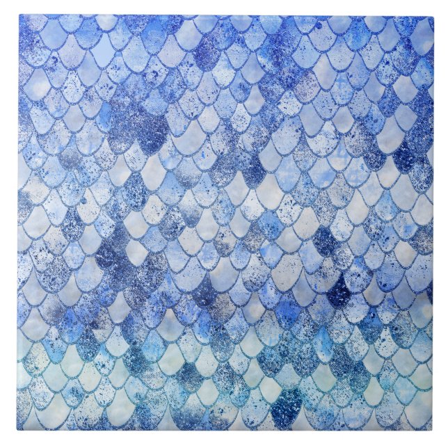 Wonky Watercolor Ocean Blue Glitter Mermaid Scales Tile (Front)