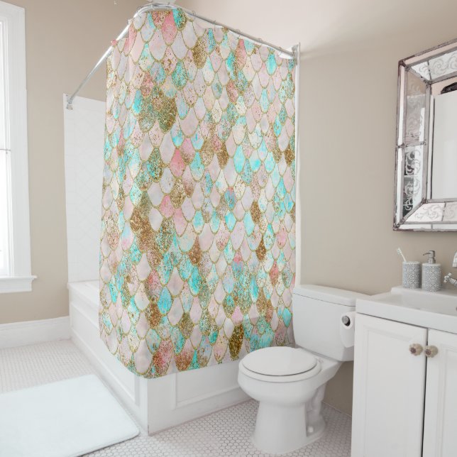 Wonky Watercolor Pastel Glitter Mermaid Scales Shower Curtain (In Situ)