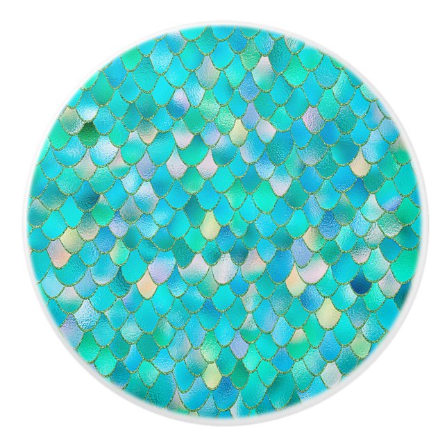Wonky Watercolor Teal Glitter Metal Mermaid Scales Ceramic Knob (Front)