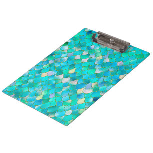 Wonky Watercolor Teal Glitter Metal Mermaid Scales Clipboard