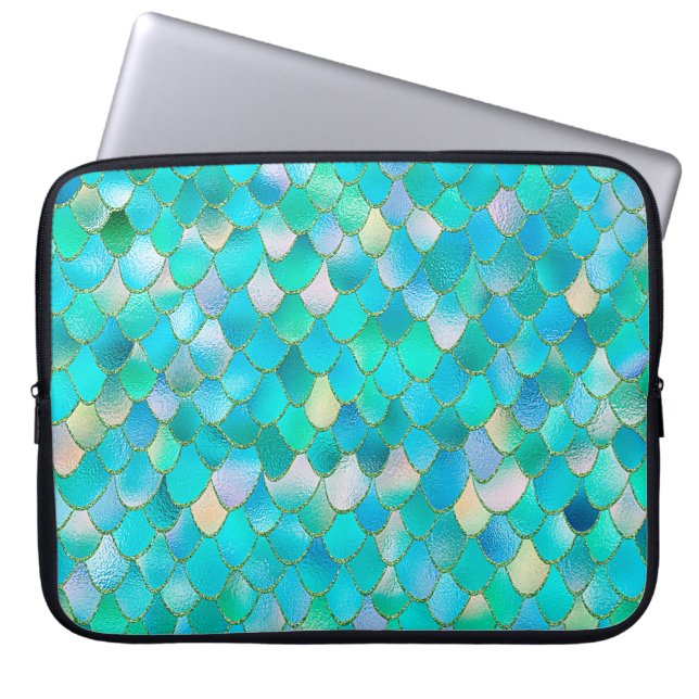 Wonky Watercolor Teal Glitter Metal Mermaid Scales Laptop Sleeve (Front)