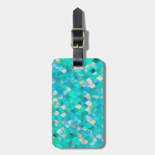 Wonky Watercolor Teal Glitter Metal Mermaid Scales Luggage Tag