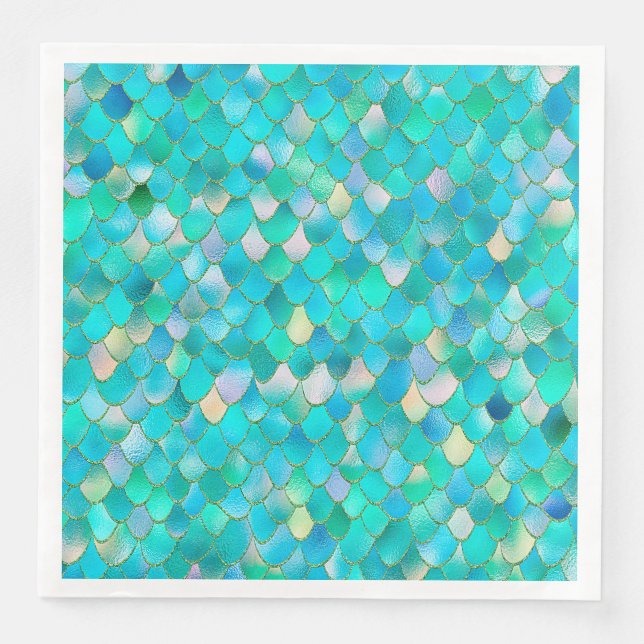 Wonky Watercolor Teal Glitter Metal Mermaid Scales Napkin (Front)