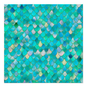 Wonky Watercolor Teal Glitter Metal Mermaid Scales Poster